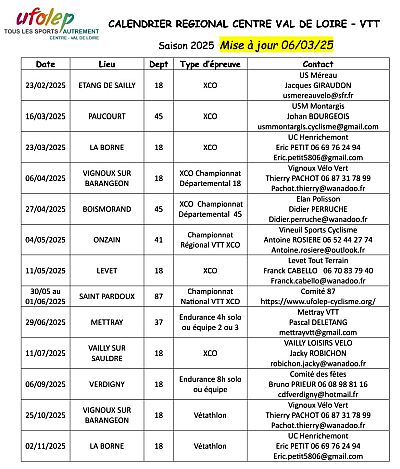 Calendrier XC VTT 2025 CVL